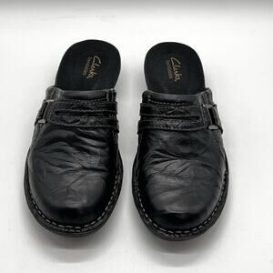 Clarks Black Leather Slip On Mules Clogs Whistle Tudor Comfort Shoes Womens 8M